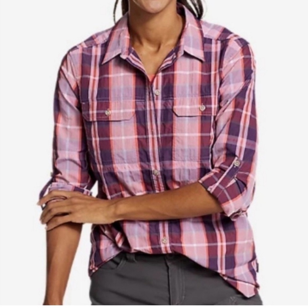 Eddie Bauer Women's Hiking / Outdoor Travex Top in Pink and Purple Plaid